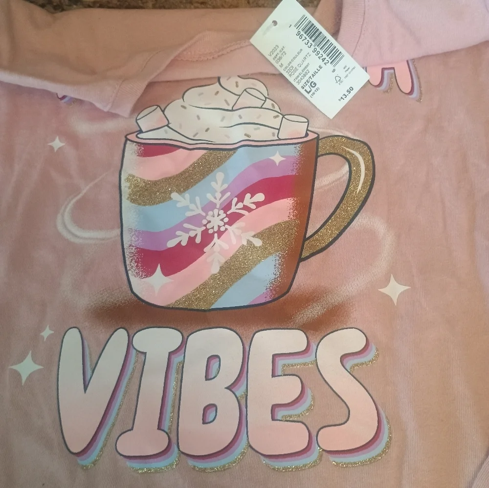 Hot Cocoa Vibes Girls Long Sleeve Graphic Tee New With Tags Large